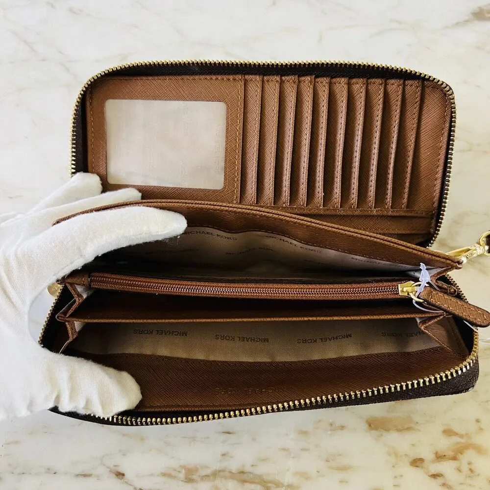 MICHAEL KORS Jet Set Travel Brown Leather Large Continental Zip Wallet Wristlet
